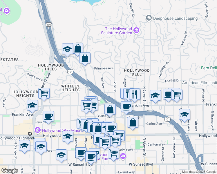 map of restaurants, bars, coffee shops, grocery stores, and more near 6326 Longview Avenue in Los Angeles