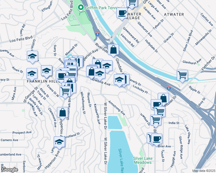 map of restaurants, bars, coffee shops, grocery stores, and more near 2848 Buzz Court in Los Angeles
