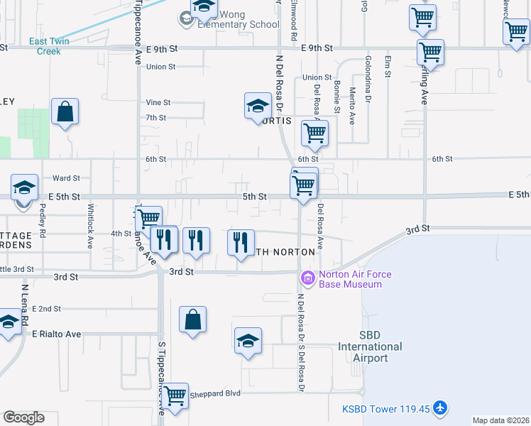 map of restaurants, bars, coffee shops, grocery stores, and more near 8043 Donna Drive in San Bernardino