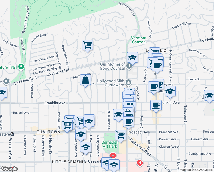 map of restaurants, bars, coffee shops, grocery stores, and more near 1976 North Catalina Street in Los Angeles