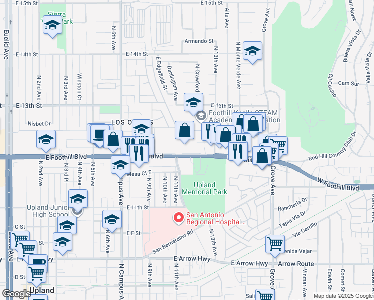map of restaurants, bars, coffee shops, grocery stores, and more near 1134 East Foothill Boulevard in Upland