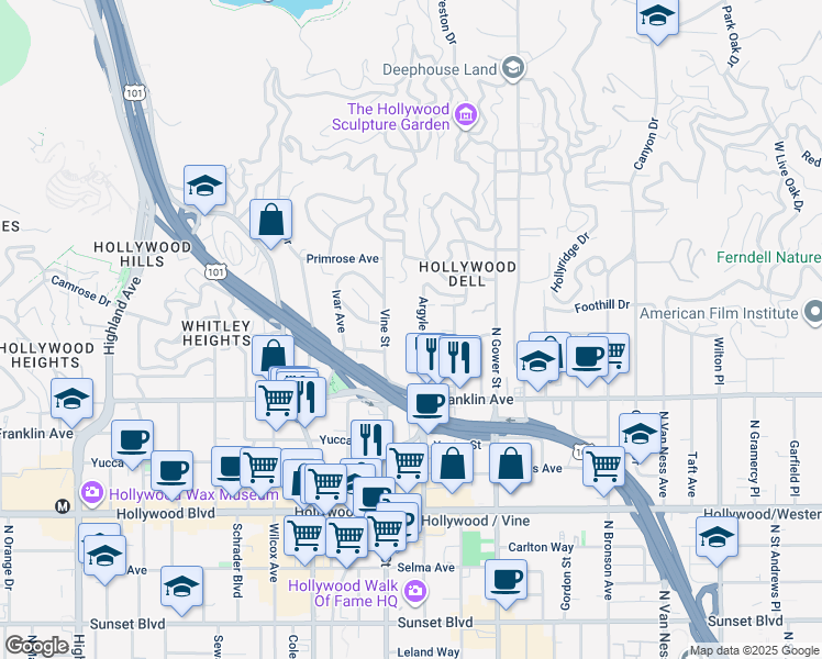 map of restaurants, bars, coffee shops, grocery stores, and more near 2017 Argyle Avenue in Los Angeles