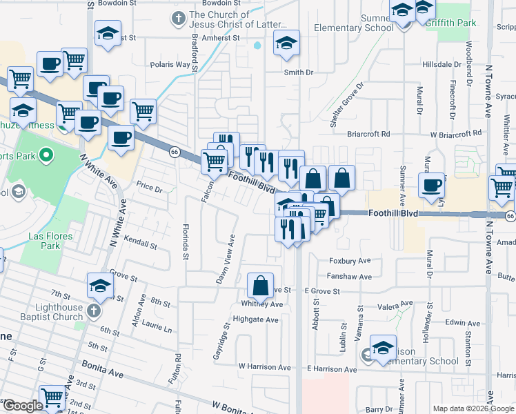 map of restaurants, bars, coffee shops, grocery stores, and more near 150 West Foothill Boulevard in Pomona