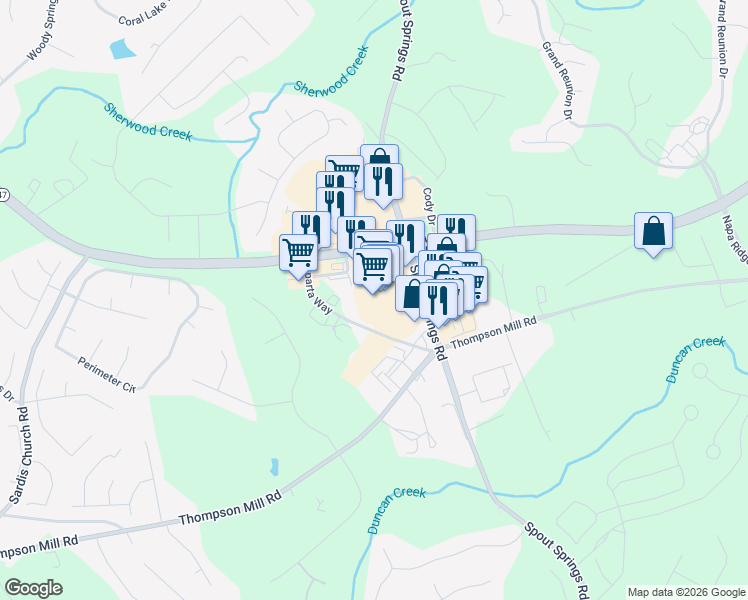 map of restaurants, bars, coffee shops, grocery stores, and more near 7380 Spout Springs Road in Flowery Branch