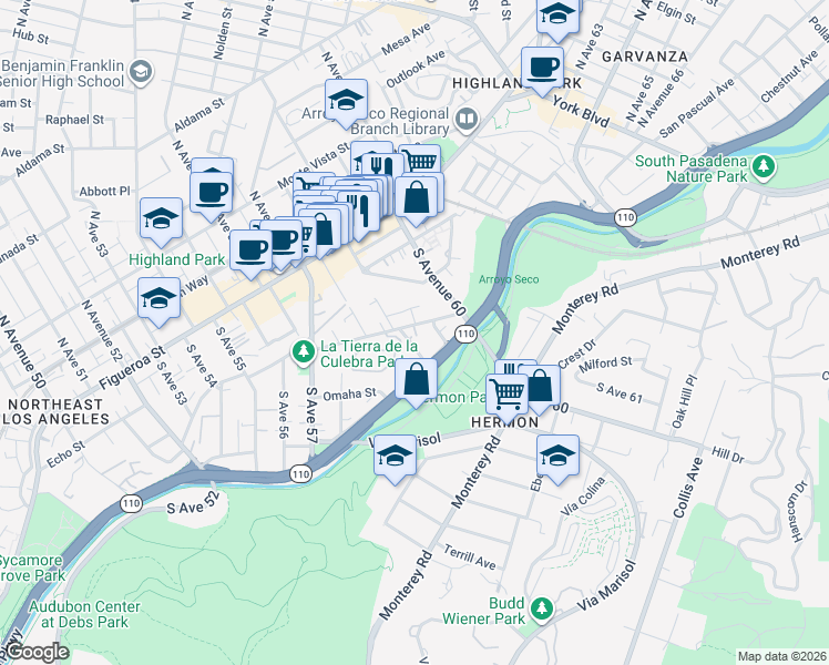 map of restaurants, bars, coffee shops, grocery stores, and more near 5920 Benner Street in Los Angeles