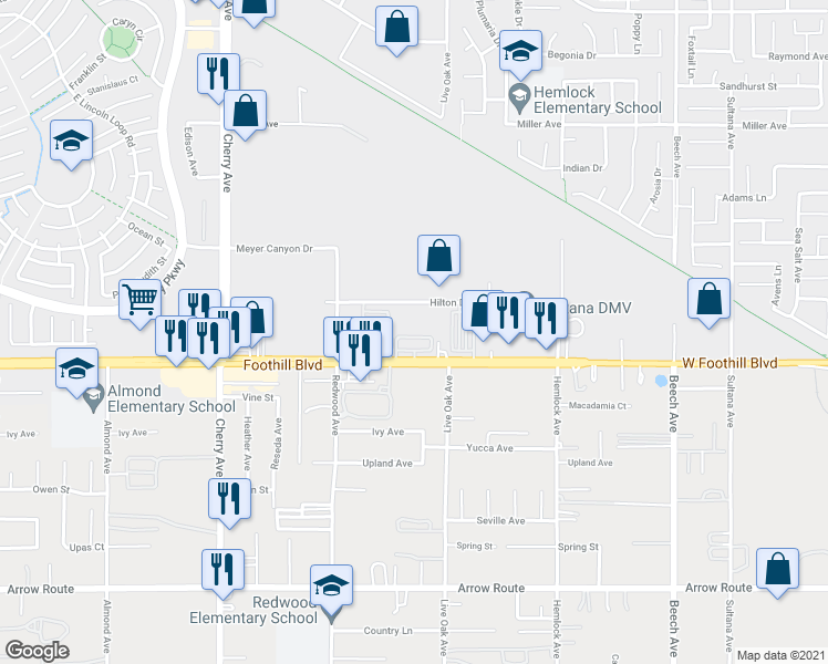 map of restaurants, bars, coffee shops, grocery stores, and more near 14838 Foothill Boulevard in Fontana