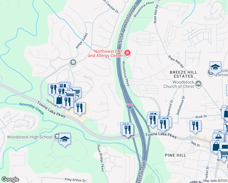 map of restaurants, bars, coffee shops, grocery stores, and more near 511 Parkstone Lane in Woodstock