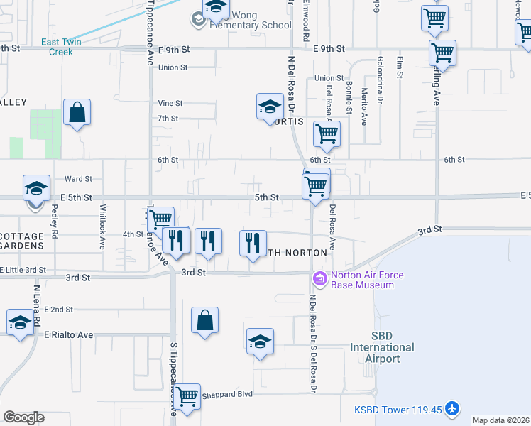 map of restaurants, bars, coffee shops, grocery stores, and more near 8044 Donna Drive in San Bernardino