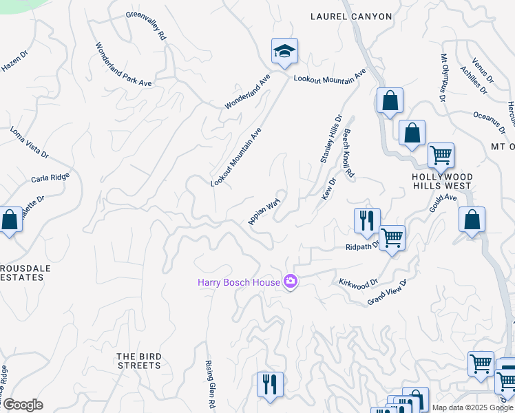 map of restaurants, bars, coffee shops, grocery stores, and more near 8655 Appian Way in Los Angeles
