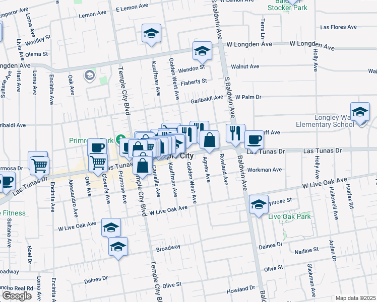 map of restaurants, bars, coffee shops, grocery stores, and more near 9810 East Las Tunas Drive in Temple City