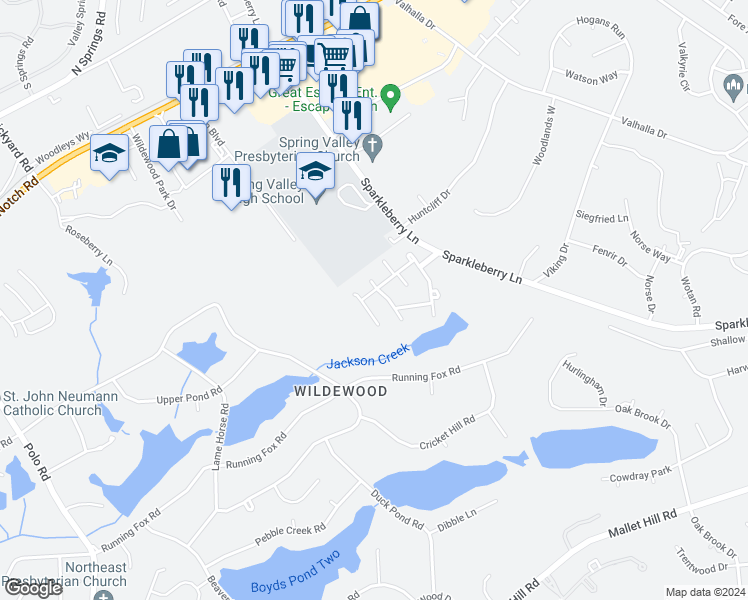 map of restaurants, bars, coffee shops, grocery stores, and more near 7 North Lake Pointe Drive in Columbia