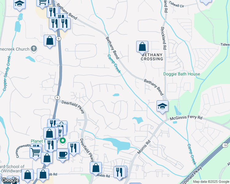 map of restaurants, bars, coffee shops, grocery stores, and more near 240 Cadence Court in Alpharetta