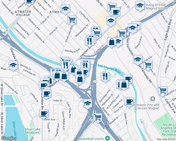 map of restaurants, bars, coffee shops, grocery stores, and more near 2938 Gilroy Street in Los Angeles