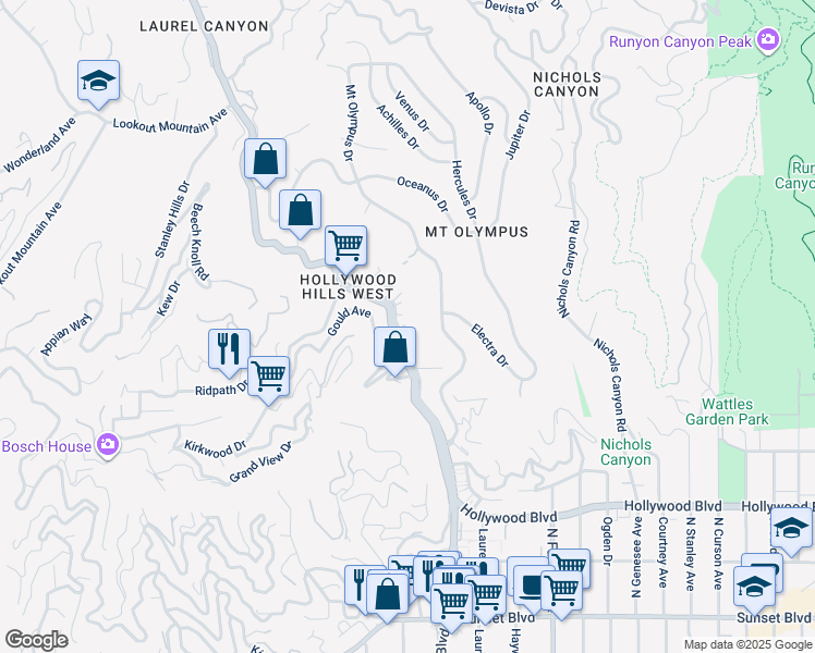 map of restaurants, bars, coffee shops, grocery stores, and more near 8010 Padre Lane in Los Angeles