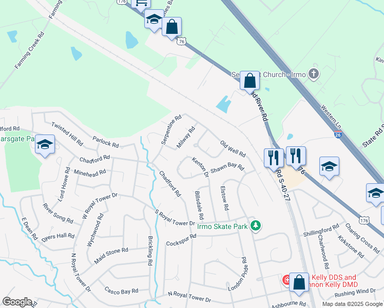 map of restaurants, bars, coffee shops, grocery stores, and more near 328 Kenton Drive in Irmo