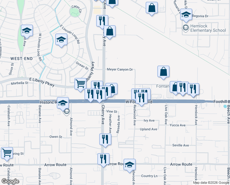 map of restaurants, bars, coffee shops, grocery stores, and more near 14546 Foothill Boulevard in Fontana