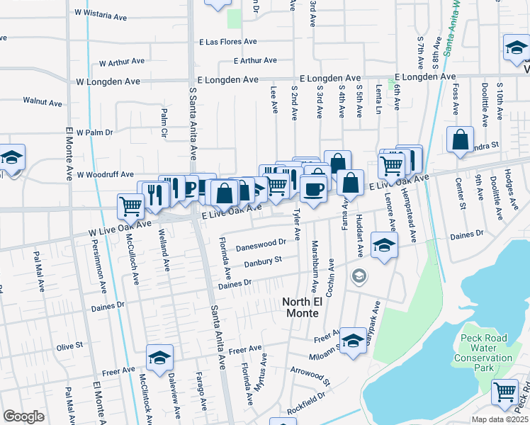 map of restaurants, bars, coffee shops, grocery stores, and more near 118 Live Oak Avenue in Arcadia