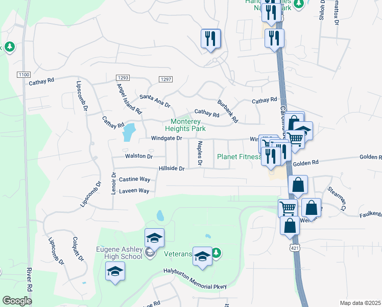 map of restaurants, bars, coffee shops, grocery stores, and more near 6321 Stapleton Road in Wilmington