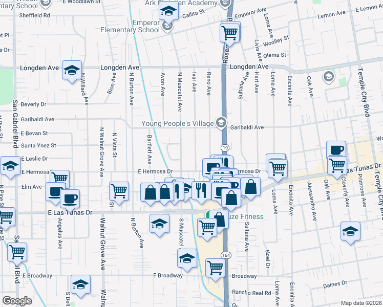 map of restaurants, bars, coffee shops, grocery stores, and more near 5922 North Muscatel Avenue in San Gabriel