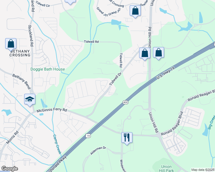 map of restaurants, bars, coffee shops, grocery stores, and more near 589 Wendlebury Court in Alpharetta