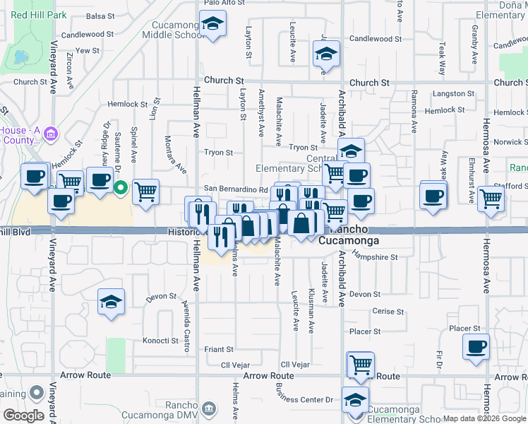 map of restaurants, bars, coffee shops, grocery stores, and more near 9471 Jack Rabbit Drive in Rancho Cucamonga