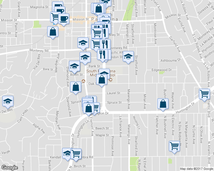 map of restaurants, bars, coffee shops, grocery stores, and more near 1600 Fair Oaks Avenue in South Pasadena