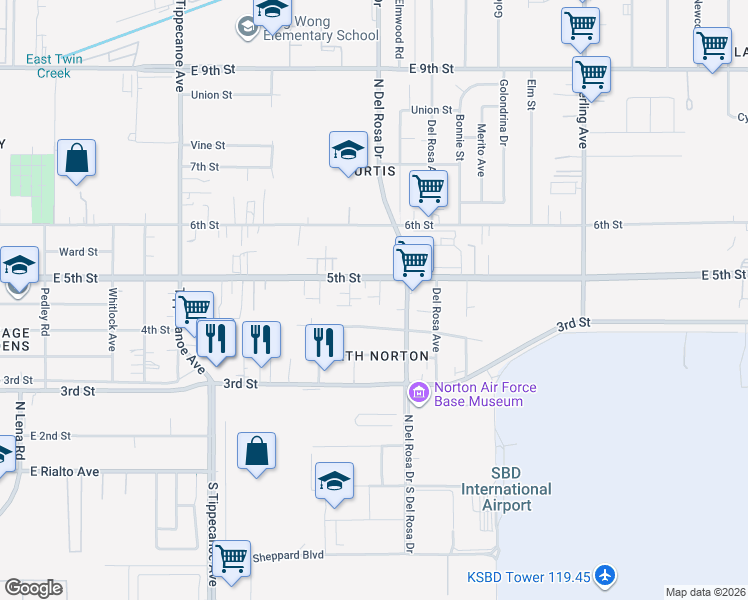 map of restaurants, bars, coffee shops, grocery stores, and more near 8044 Michael Drive in San Bernardino