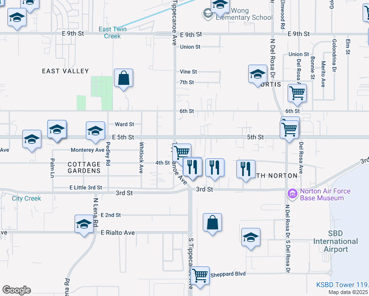 map of restaurants, bars, coffee shops, grocery stores, and more near 8035 Tippecanoe Avenue in San Bernardino