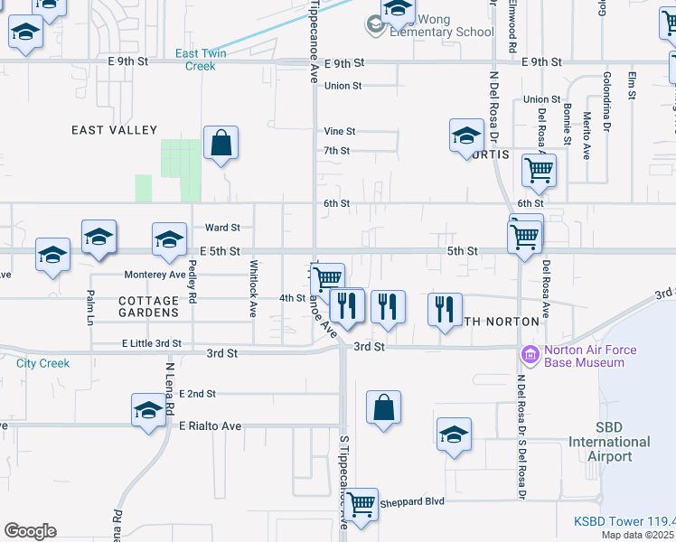 map of restaurants, bars, coffee shops, grocery stores, and more near 8035 Tippecanoe Avenue in San Bernardino