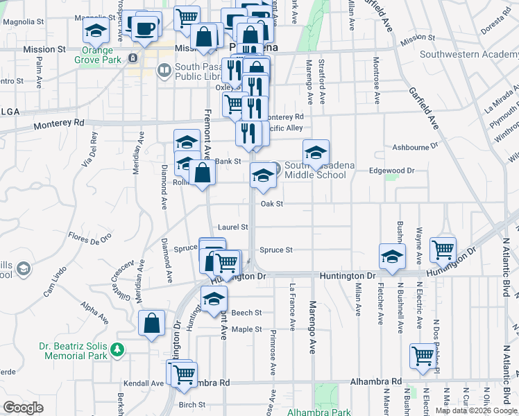 map of restaurants, bars, coffee shops, grocery stores, and more near 1600 Fair Oaks Avenue in South Pasadena