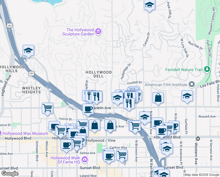 map of restaurants, bars, coffee shops, grocery stores, and more near 1962 Beachwood Drive in Los Angeles