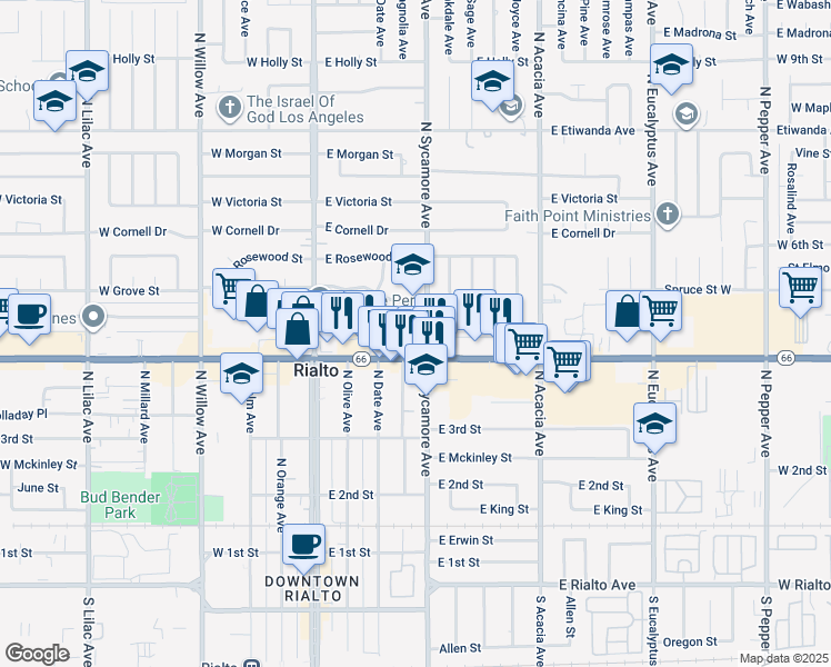 map of restaurants, bars, coffee shops, grocery stores, and more near 251 East Ramona Drive in Rialto