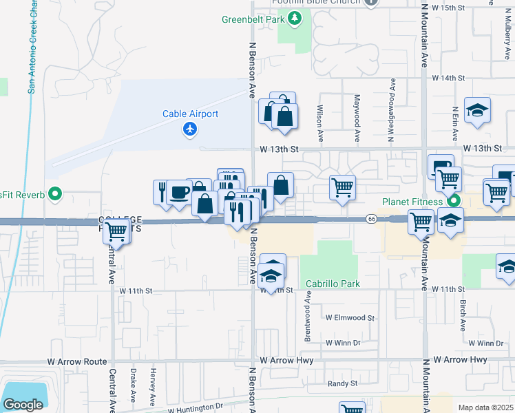 map of restaurants, bars, coffee shops, grocery stores, and more near 1040 North Benson Avenue in Upland