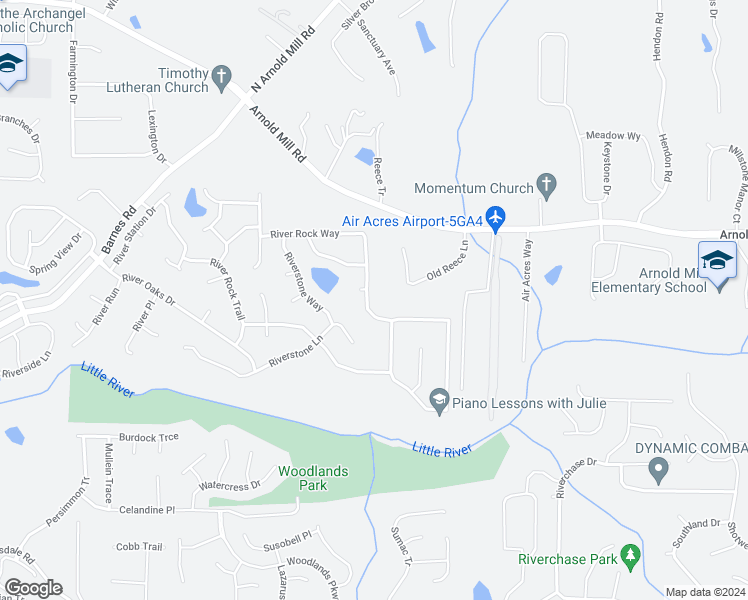 map of restaurants, bars, coffee shops, grocery stores, and more near 4047 River Rock Way in Woodstock