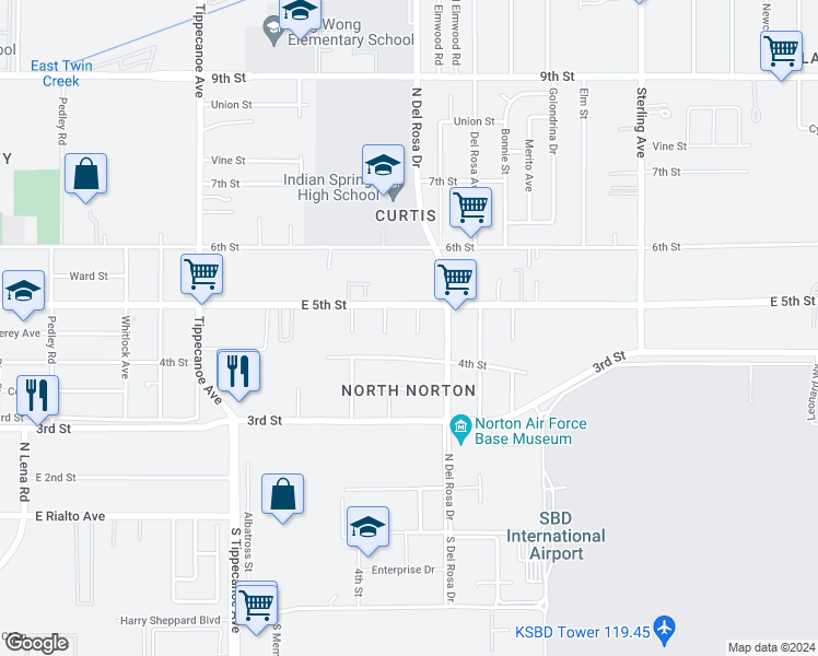 map of restaurants, bars, coffee shops, grocery stores, and more near 8044 Michael Drive in San Bernardino