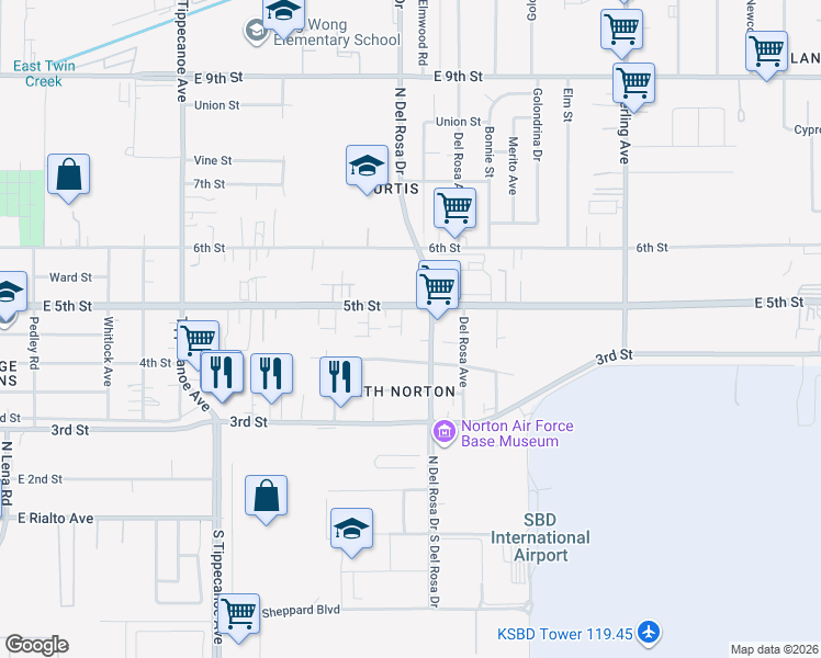 map of restaurants, bars, coffee shops, grocery stores, and more near 8043 Michael Drive in San Bernardino