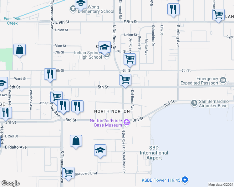 map of restaurants, bars, coffee shops, grocery stores, and more near 8043 Michael Drive in San Bernardino