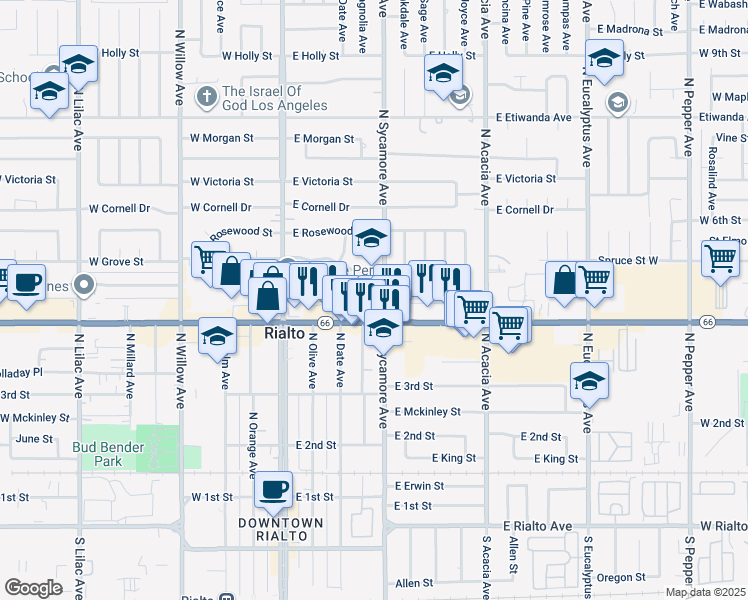 map of restaurants, bars, coffee shops, grocery stores, and more near 251 East Ramona Drive in Rialto