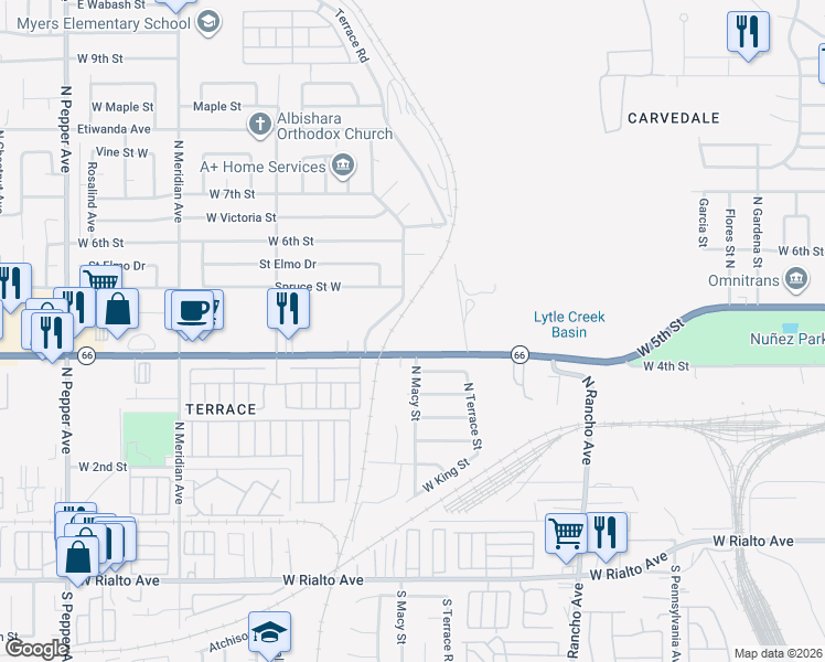 map of restaurants, bars, coffee shops, grocery stores, and more near 2286 Greenwood Street in San Bernardino