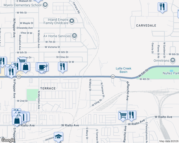 map of restaurants, bars, coffee shops, grocery stores, and more near in San Bernardino