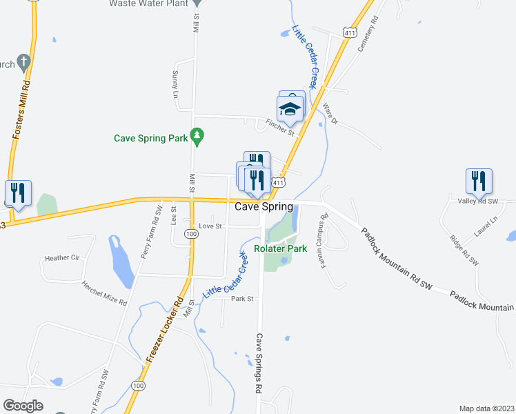 map of restaurants, bars, coffee shops, grocery stores, and more near 20 Broad Street in Cave Spring