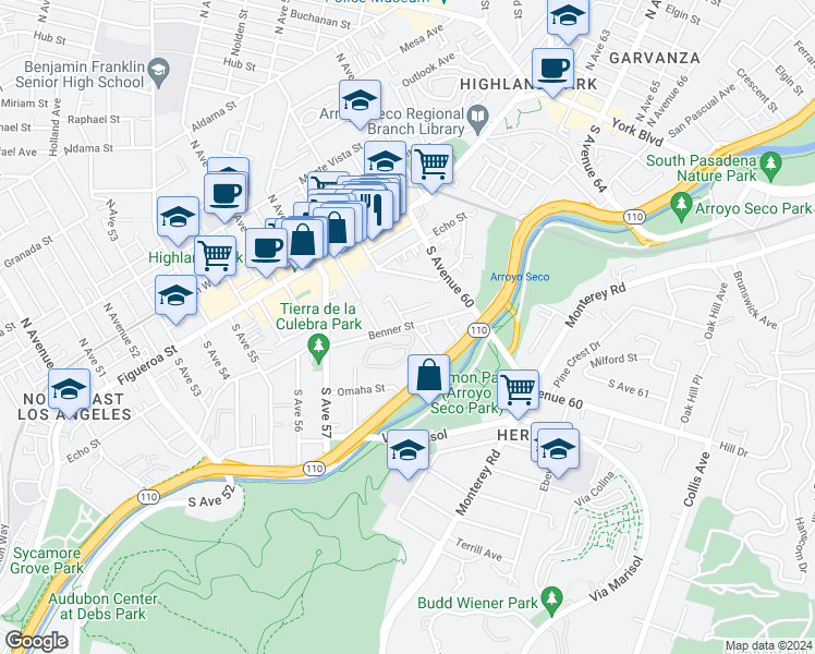 map of restaurants, bars, coffee shops, grocery stores, and more near 298 S Ave 59 in Los Angeles