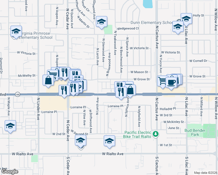 map of restaurants, bars, coffee shops, grocery stores, and more near 450 North Brierwood Avenue in Rialto