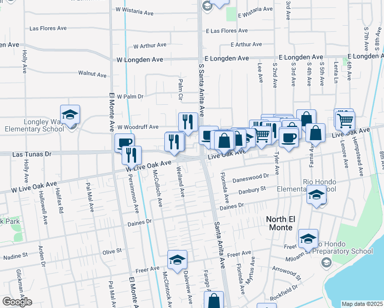 map of restaurants, bars, coffee shops, grocery stores, and more near 28 West Live Oak Avenue in Arcadia