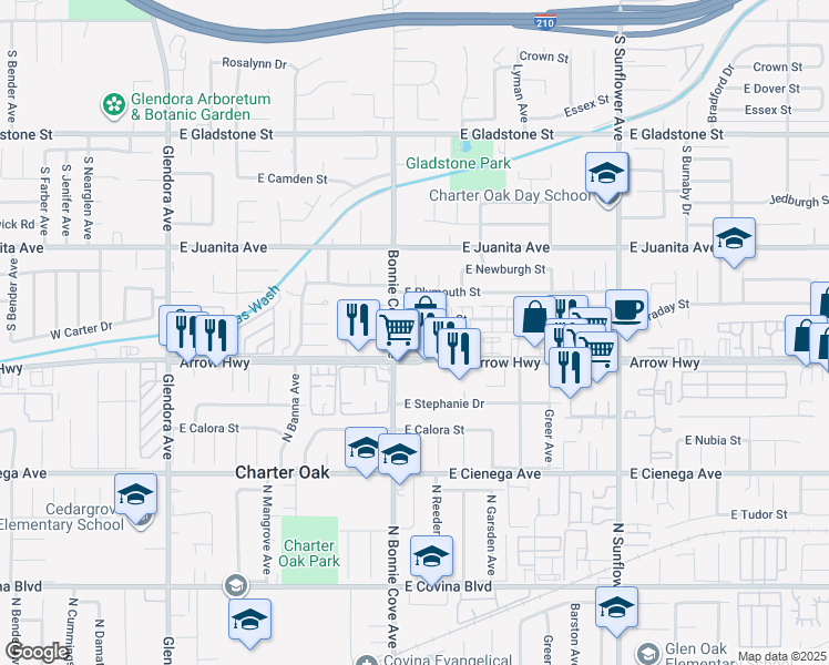 map of restaurants, bars, coffee shops, grocery stores, and more near 520 Claraday Street in Glendora