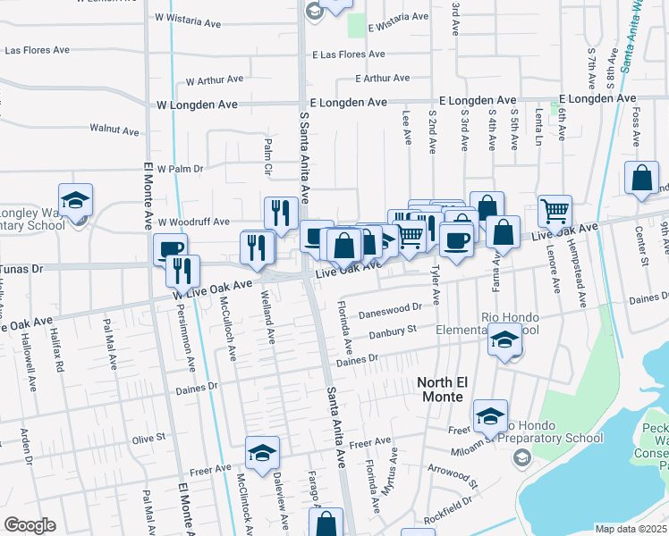 map of restaurants, bars, coffee shops, grocery stores, and more near Live Oak Avenue in Los Angeles County