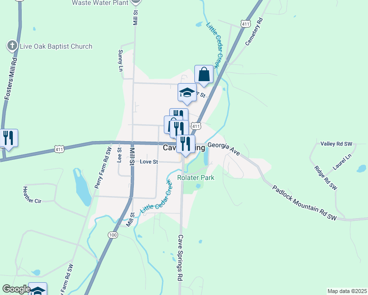 map of restaurants, bars, coffee shops, grocery stores, and more near in Cave Spring