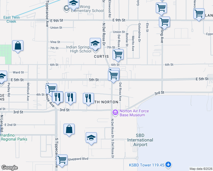 map of restaurants, bars, coffee shops, grocery stores, and more near 25310 4th Street in San Bernardino