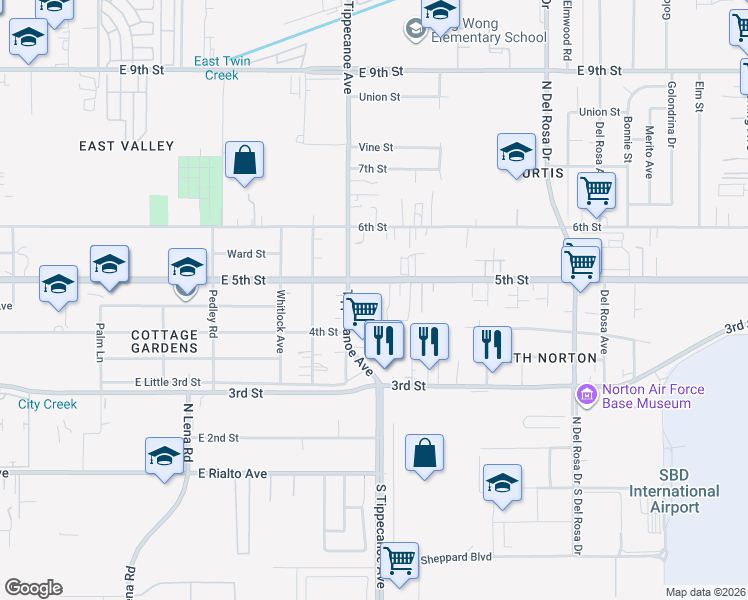 map of restaurants, bars, coffee shops, grocery stores, and more near 24991 West 5th Street in San Bernardino