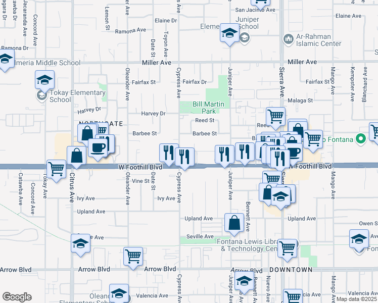 map of restaurants, bars, coffee shops, grocery stores, and more near 16530 Foothill Boulevard in Fontana